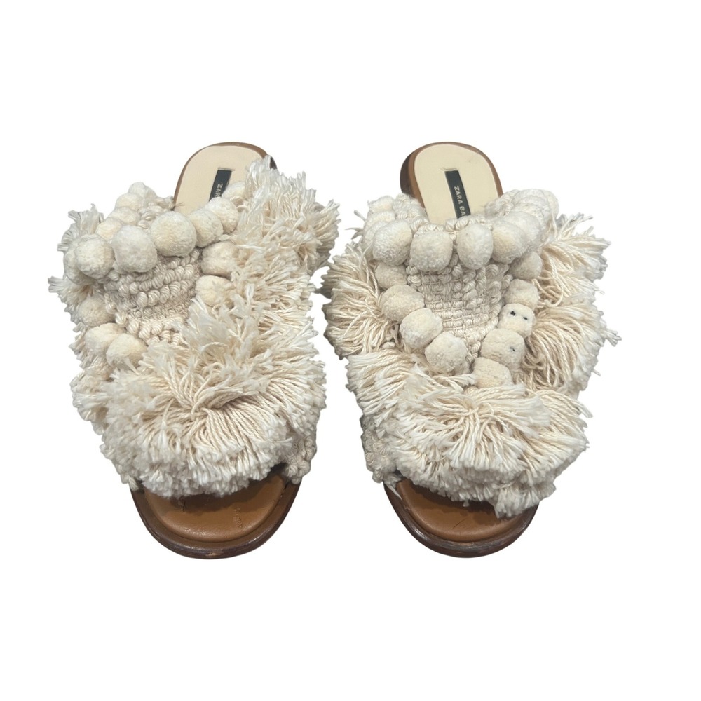 Zara Mules Macrame Pom Pom Fringe Block Heel Cream Sz 37 Boho Festival Eclectic